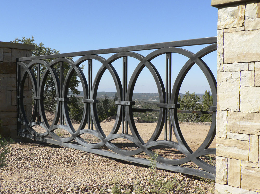 Entry Gate / 'Rings' Design / Welded Steel / 14' x 44" / Tesuque, NM / Sendero del Luz
